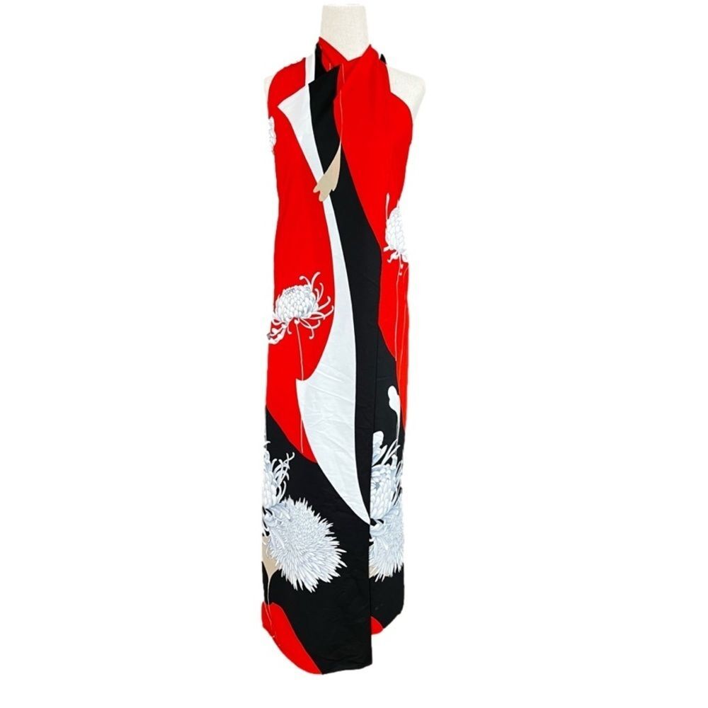 VTG 70s Red & Black Floral Malihini Hawaiian Beach Sarong Halter Maxi Wrap Dress